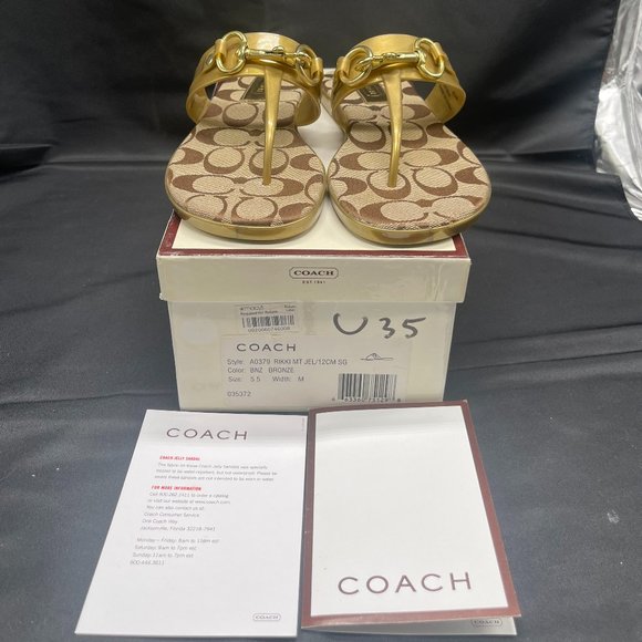 Coach Sandals Size 5.5 Rikki Jelly Y2K Gold Signature T Strap Flip flops NIB - Picture 1 of 7